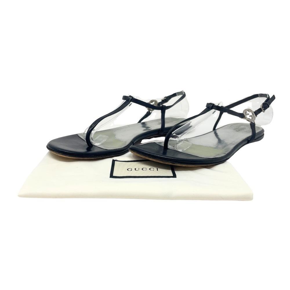 Gucci Thong Sandals Interlocking GG Logo White Gold Black Leather Flats 37.5 - Picture 2 of 11